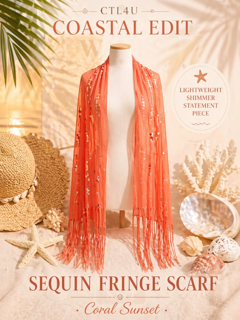 NWT Coral Orange Sequin Fringe Scarf Coastal Glow Beach Wrap